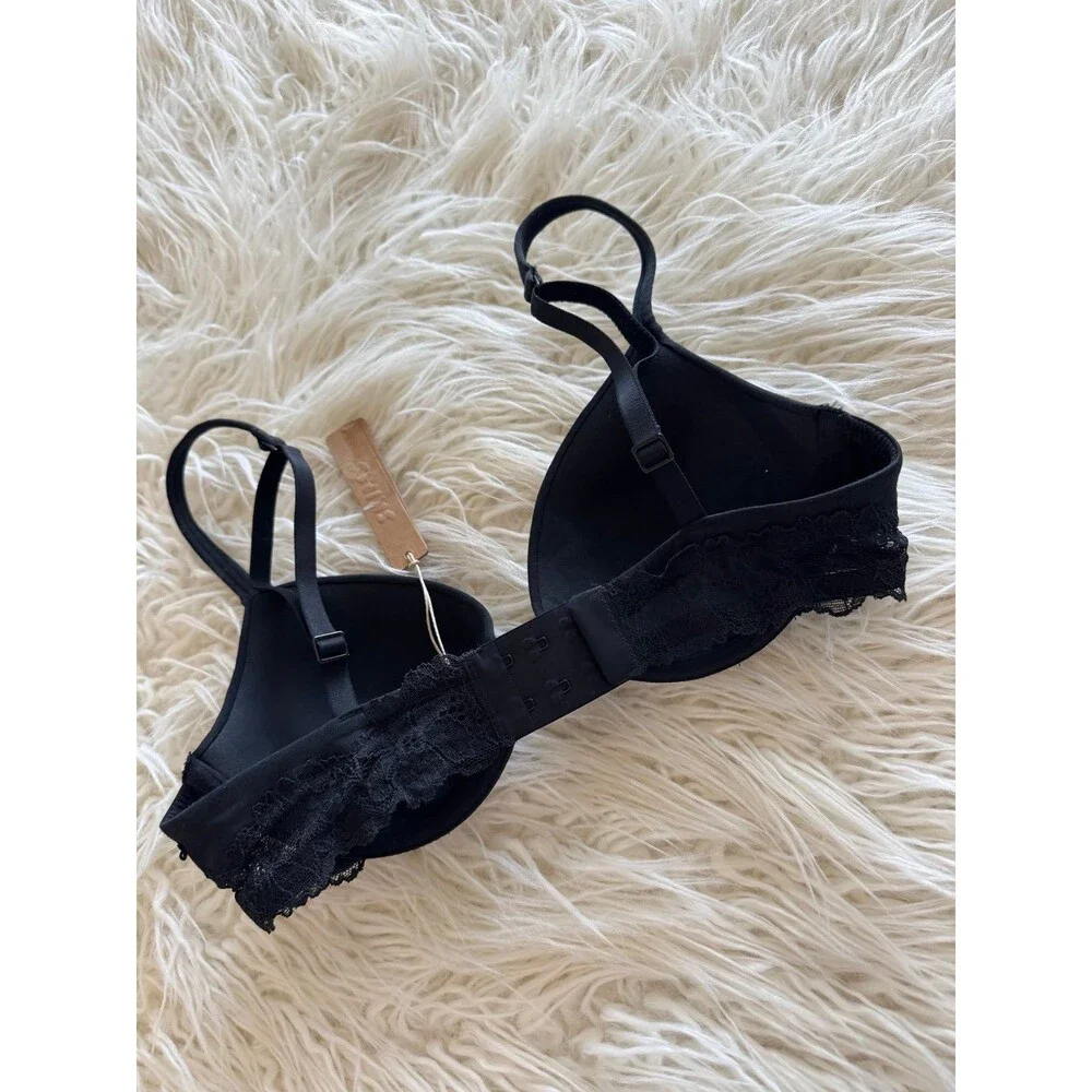 Skims Cotton Lace Lightly Lined Plunge Bra Onyx Size 34B - Picture 5 of 8